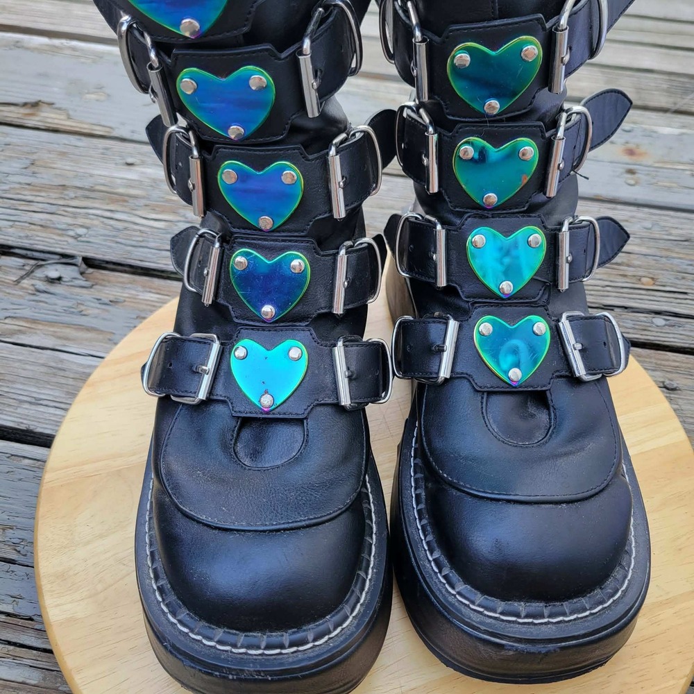 Demonia Emily 330 Platform Boots Womens 9 US Black Iridescent Heart Buckle Punk